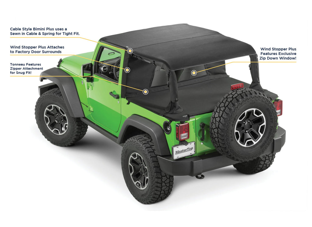 MasterTwill Cable-Style Bimini Top, WindStopper Plus and Tonneau Cover Combo by MasterTop ('10 - '18 Wrangler JK 2-Door) - Jeep World