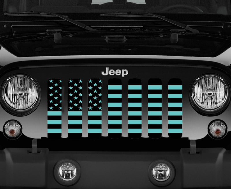 Platinum Black and Teal American Flag Jeep Grille Insert