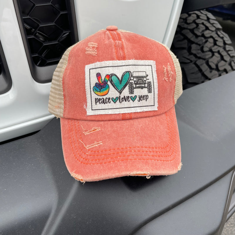 Women's Ponytail Jeep Hats (Peace Love Jeep, Adventure, American Flag)