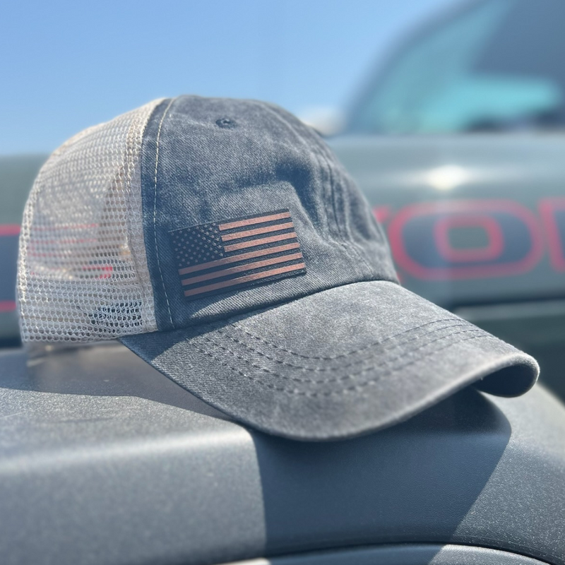 Speedy Pros Women's Ponytail Cap - Cotton Trucker Hat, USA Flag & Red Line Embroidery, Distressed Look