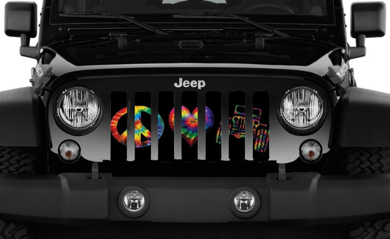 Peace, Love, Jeep Tie Dye Print Jeep Grille Insert
