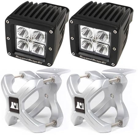 Rugged Ridge Two 2.25in.-3in. Silver X-Clamp & Two 3in. Square 16 Watt LED Light (Universal)